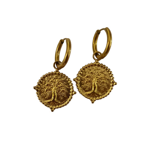 Boucles d’oreilles arbre de vie dorées en acier inoxydable