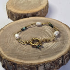 Bracelet doré avec perles d’eau douce et pierres vert-bleu, Clyvia Bijoux