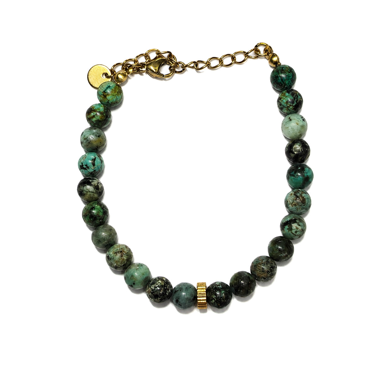 Bracelet en jaspe turquoise africaine avec perles naturelles vertes, fermoir et chaîne d’extension dorés.