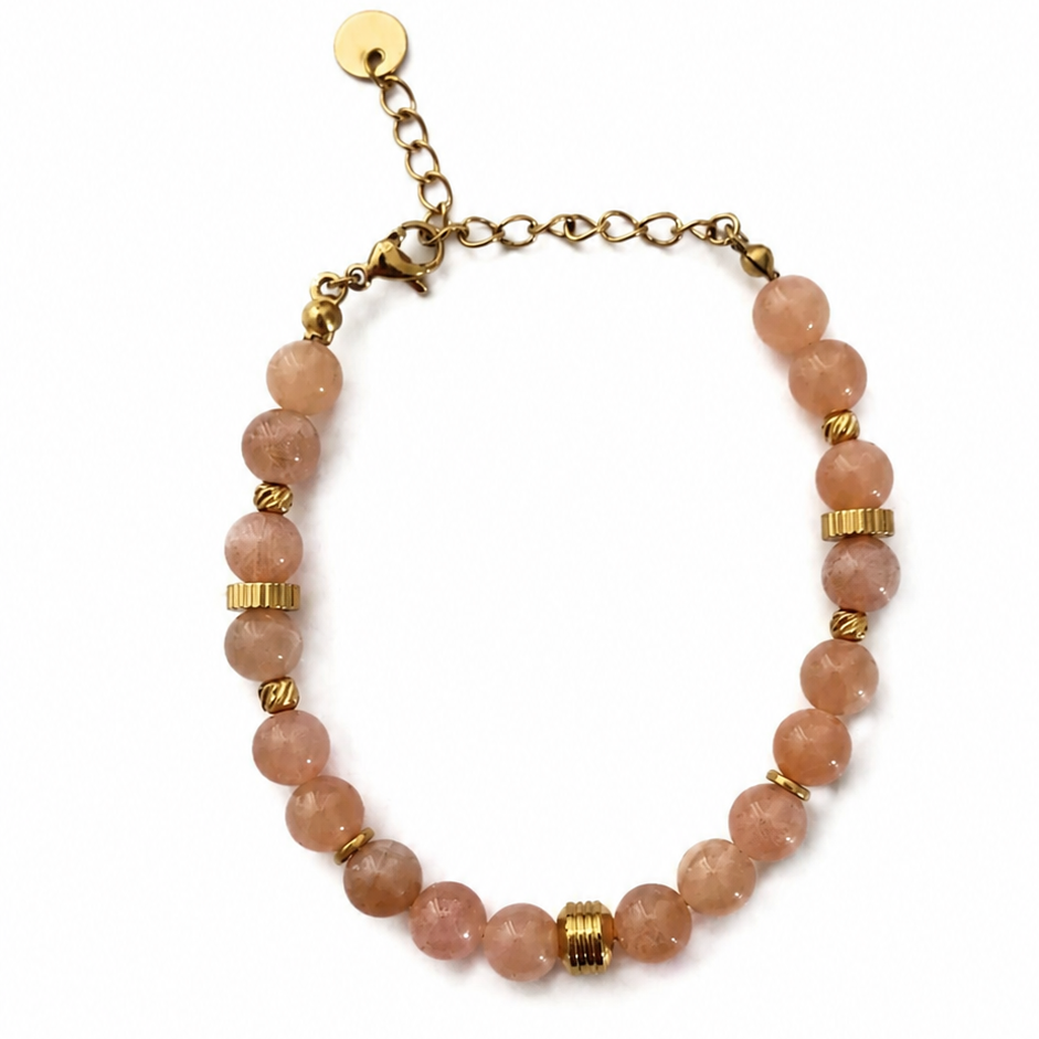 Bracelet en pierres de soleil naturelles et acier inoxydable doré avec chaîne d’extension