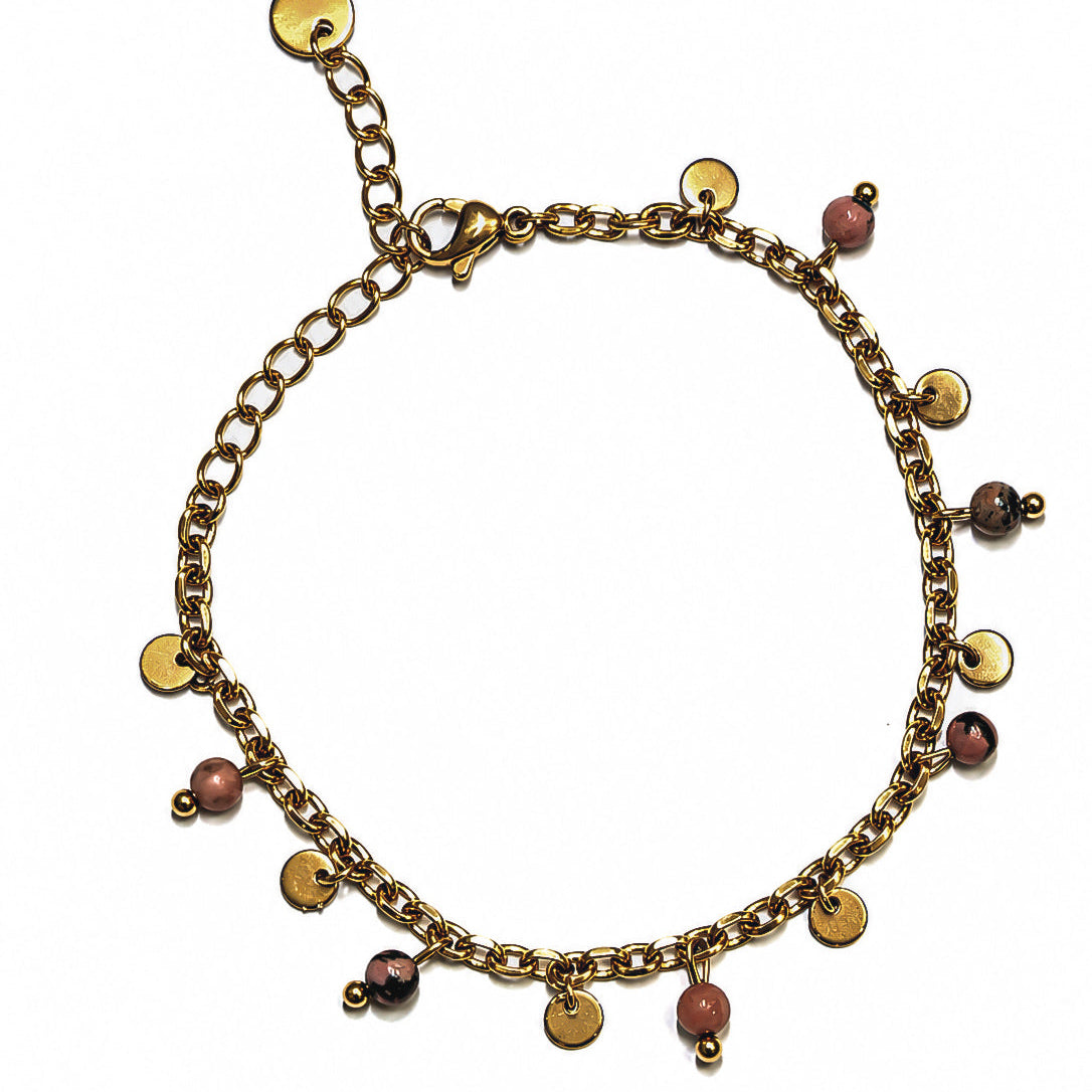 Bracelet doré en acier inoxydable avec rhodonite naturelle et petites pampilles