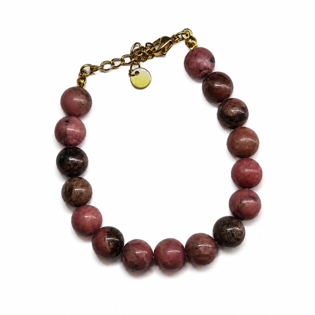 Bracelet en rhodonite naturelle avec perles roses brunes et fermoir doré
