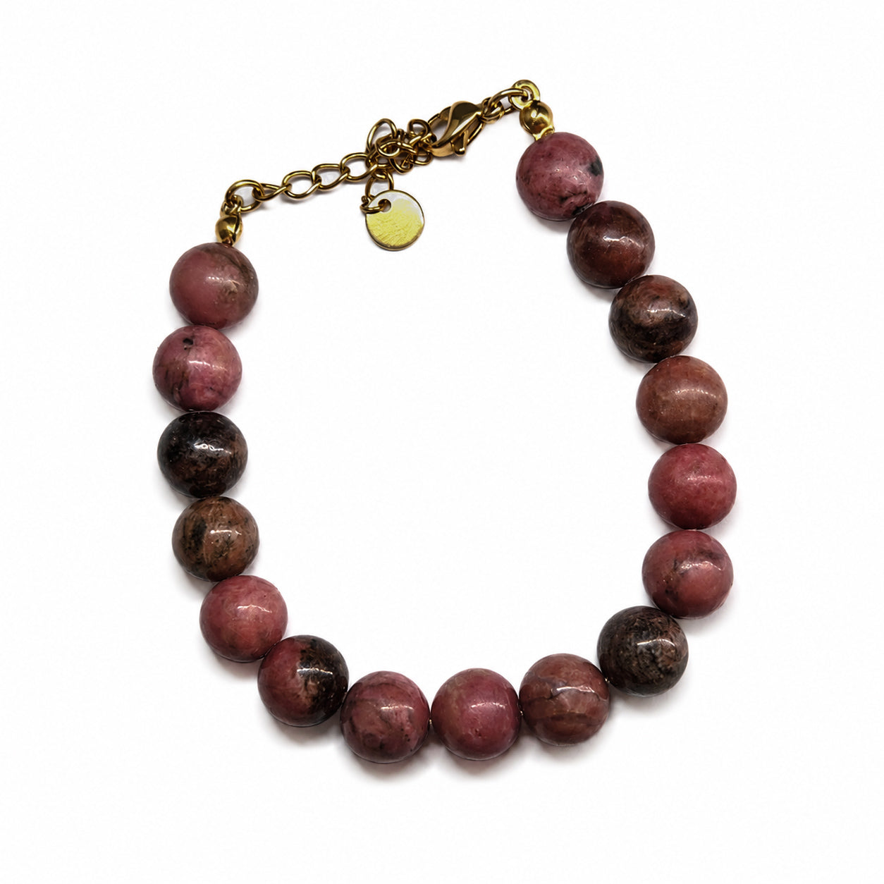 Bracelet en rhodonite naturelle avec perles roses brunes et fermoir doré