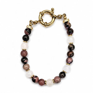 Bracelet doré en rhodonite et pierre de lune naturelles avec fermoir bouée