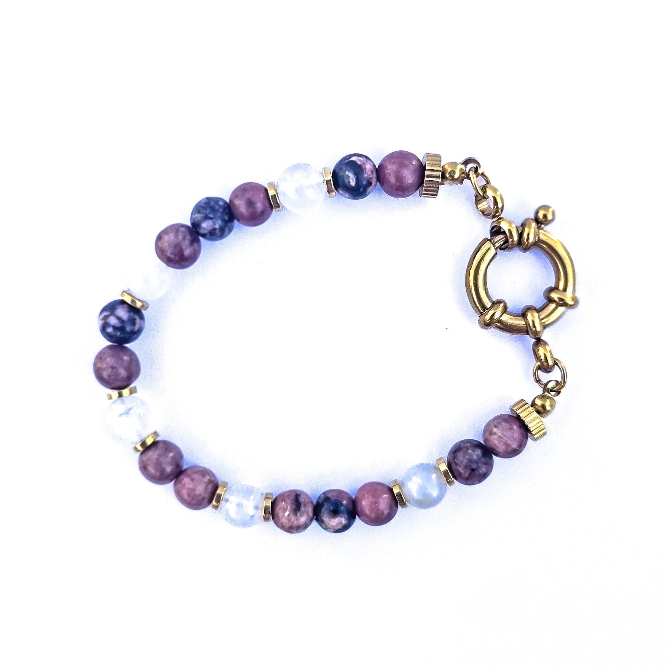 Bracelet doré en rhodonite et pierre de lune naturelles avec fermoir bouée
