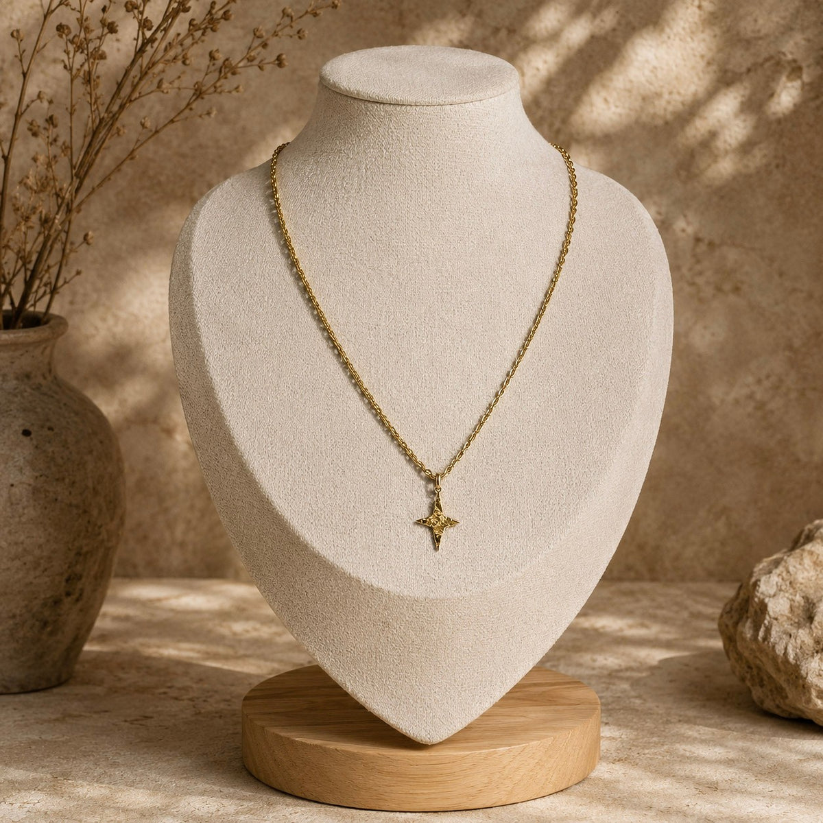 Collier doré à pendentif étoile présenté sur un buste blanc dans un décor beige naturel.