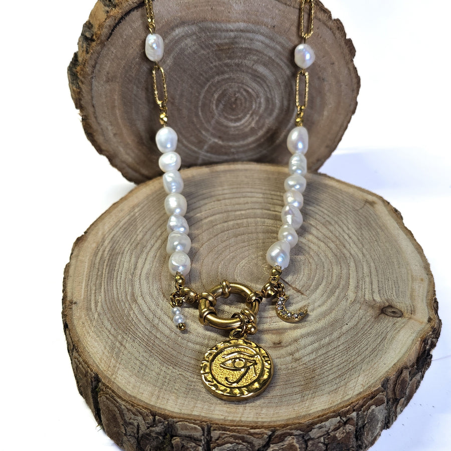 Collier en acier inoxydable doré avec perles d’eau douce et pendentif œil, Clyvia Bijoux
