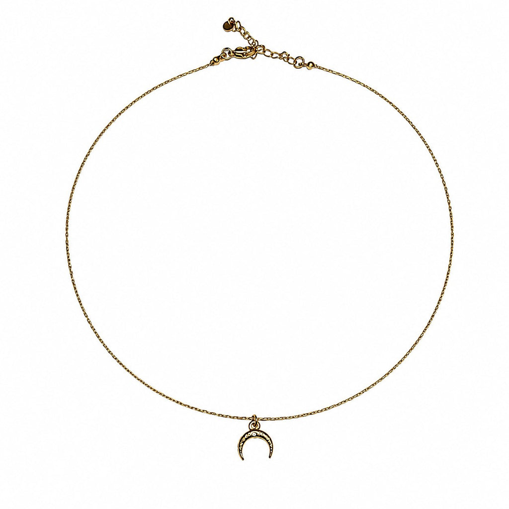 Collier fin doré avec pendentif croissant de lune présenté entièrement sur fond blanc.