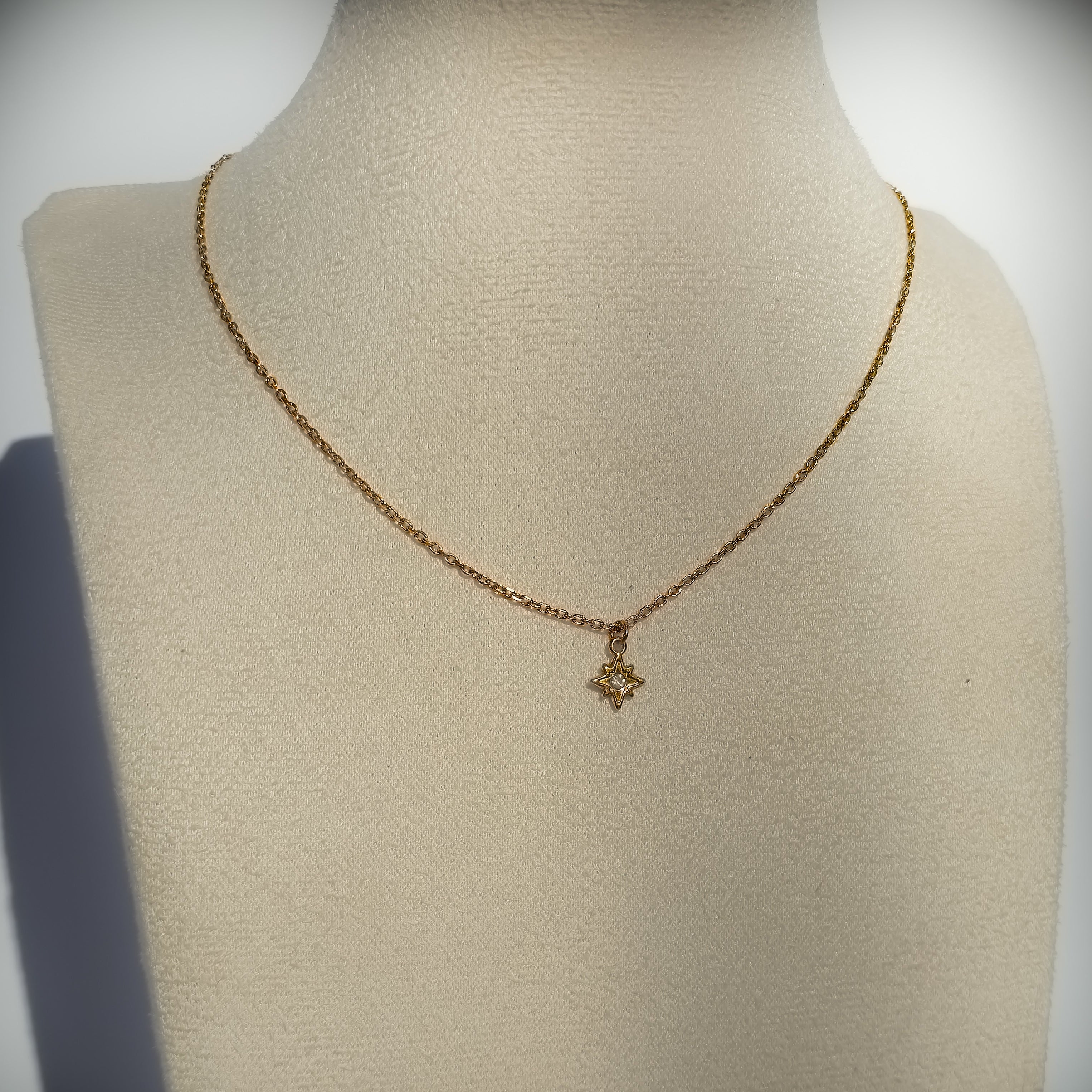 Collier ras de cou doré avec étoile du Nord et oxyde de zirconium présenté sur buste