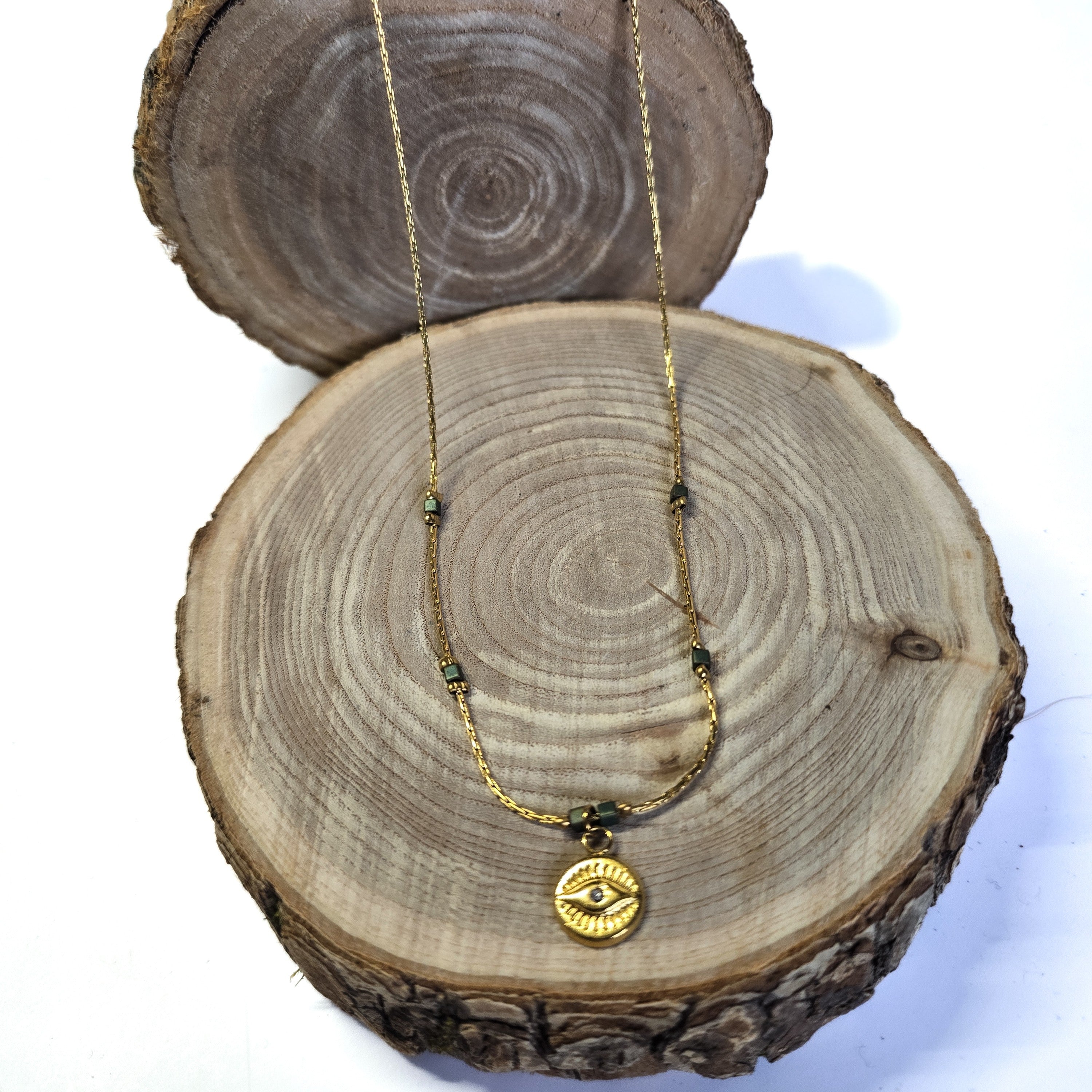 Collier fin en acier inoxydable doré avec perles irisées bleu-vert et pendentif œil, Clyvia Bijoux