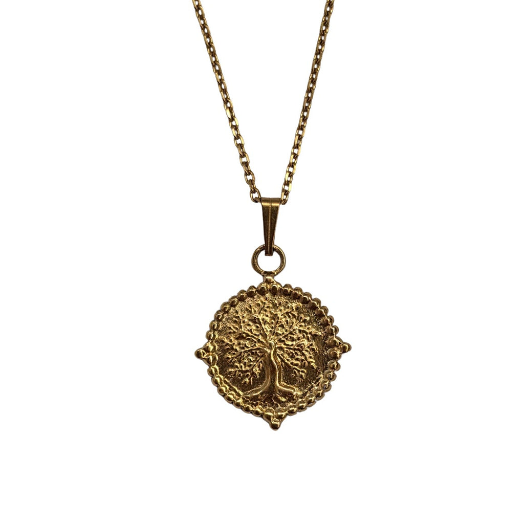 Collier arbre de vie doré avec médaillon rond et chaîne fine en acier inoxydable