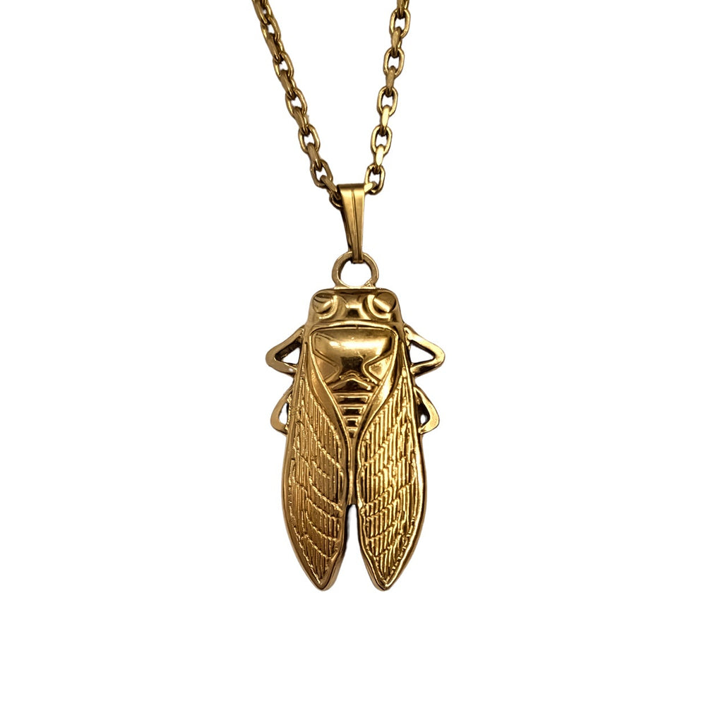 Pendentif cigale doré en relief avec chaîne fine, collier en acier inoxydable