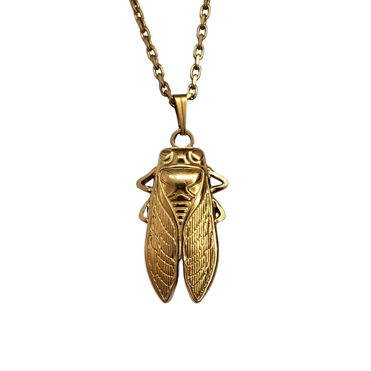 Pendentif cigale doré en relief avec chaîne fine, collier en acier inoxydable